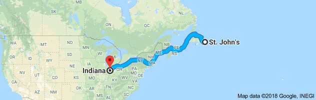 shipping from Newfoundland to Indiana