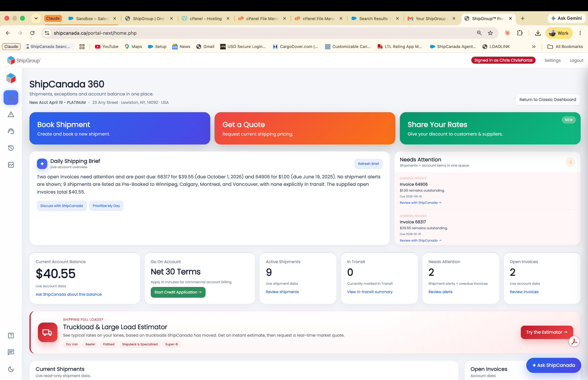 ShipCanada 360 dashboard with shipping, freight quote and account tools