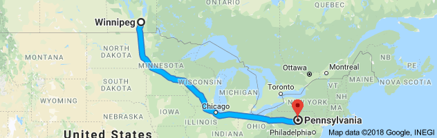 shipping from Manitoba to Pennsylvania